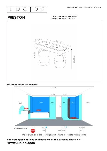 Lucide PRESTON - Foco de techo Baño - 2xGU10 - IP44 - Negro - técnico